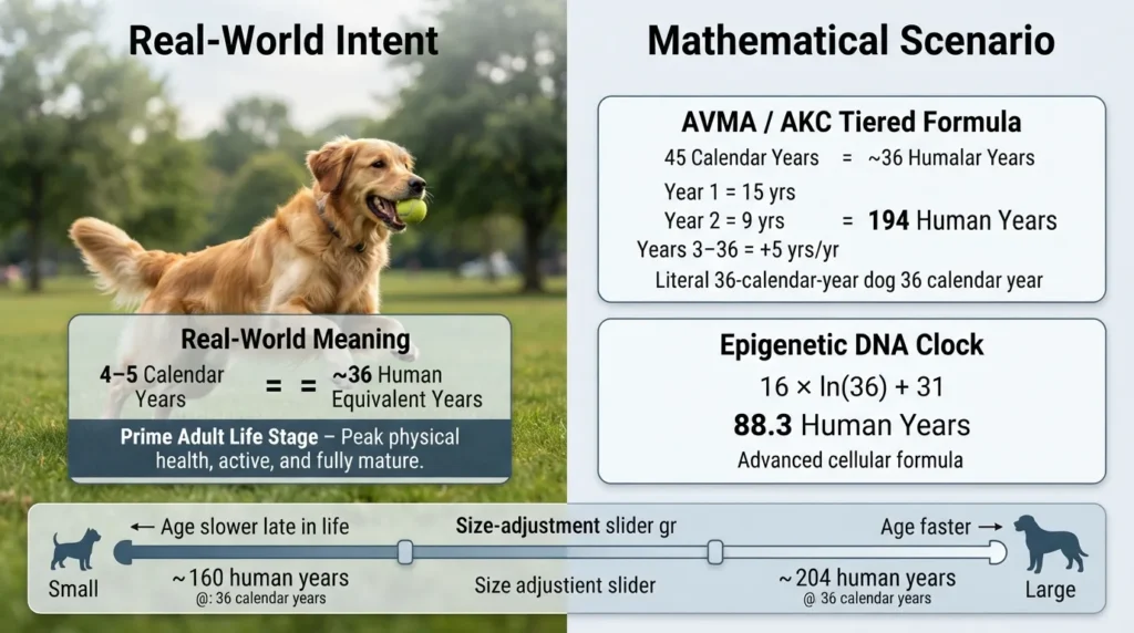 A visual infographic explaining what 36 dog years means in human age equivalents across dog sizes and standard calculation methods.