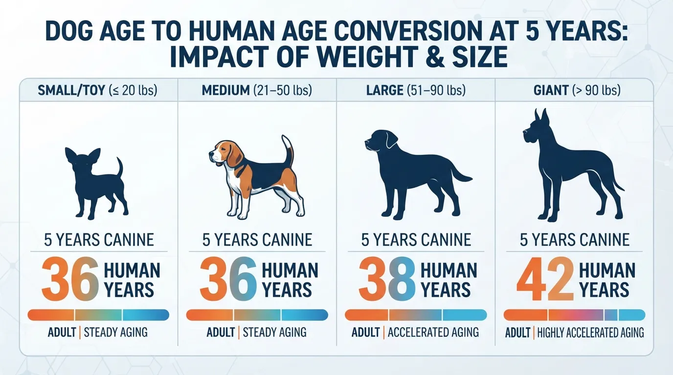 Comparative chart illustrating how a chronological age of 5 calendar years converts to 36 human years across small, medium, large, and giant dog breed sizes.