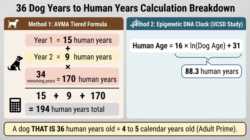 Comparison infographic calculating 36 dog years to human years using AVMA standard formula and UCSD epigenetic clock model