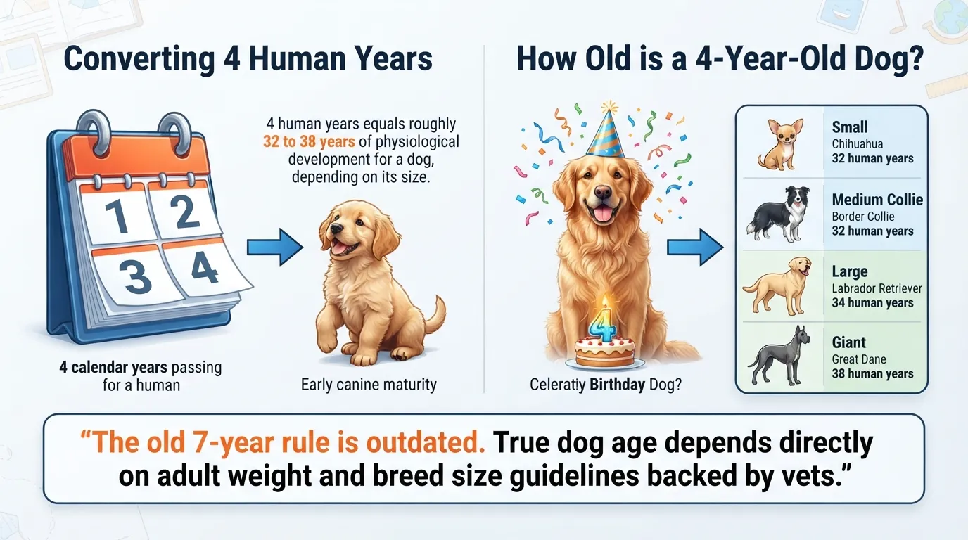 A side-by-side comparative infographic explaining the visual difference between converting 4 human years into a dog's age versus calculating the true human age of a 4-year-old dog based on its breed size.