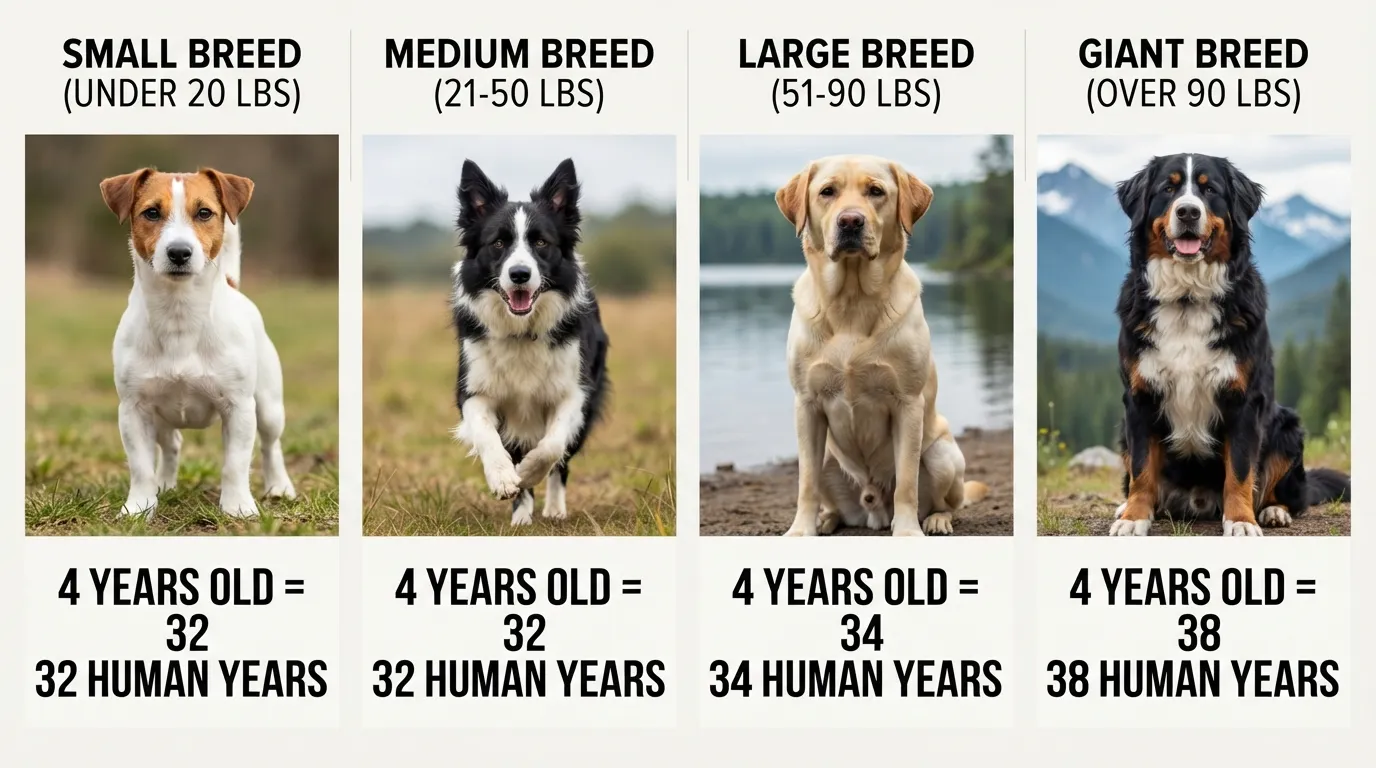 A clean, easy-to-read comparative infographic chart showcasing the precise human age equivalent for a 4-year-old dog across small, medium, large, and giant breed categories.