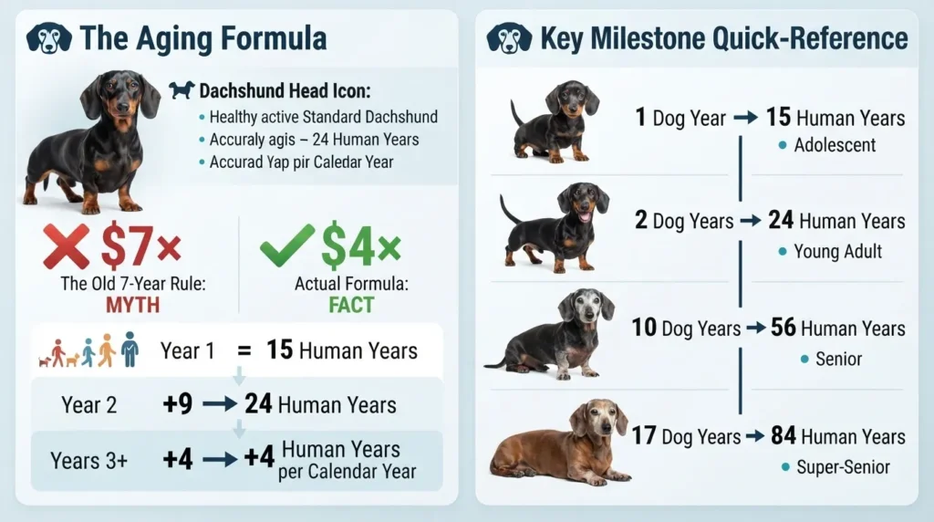 An infographic by dogagescalculator explaining the real dog age calculation formula for Dachshunds, contrasting the outdated 7-year rule myth with the actual mathematical formula of 15 years for the first year, 9 years for the second, and 4 years for each subsequent calendar year.