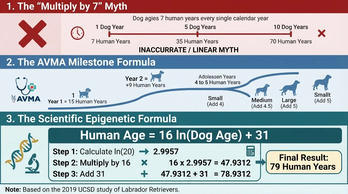 An infographic detailing three dog age calculation methods: the outdated 'Multiply by 7' myth, the AVMA Milestone Formula, and the UCSD Scientific Epigenetic Formula which calculates human age as 16 times the natural log of dog age plus 31.