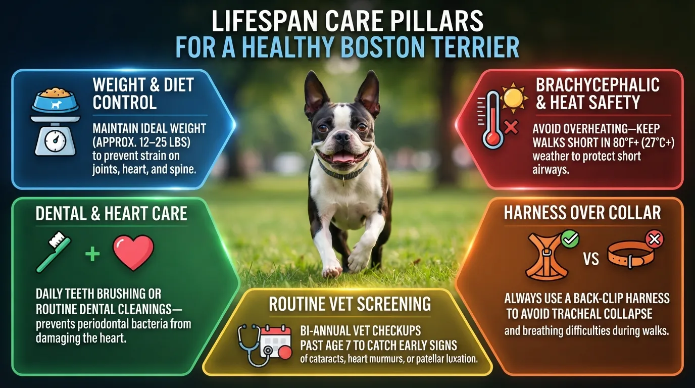 Actionable health and longevity checklist for Boston Terriers showing core care pillars including weight control, respiratory monitoring, dental care, and joint health.