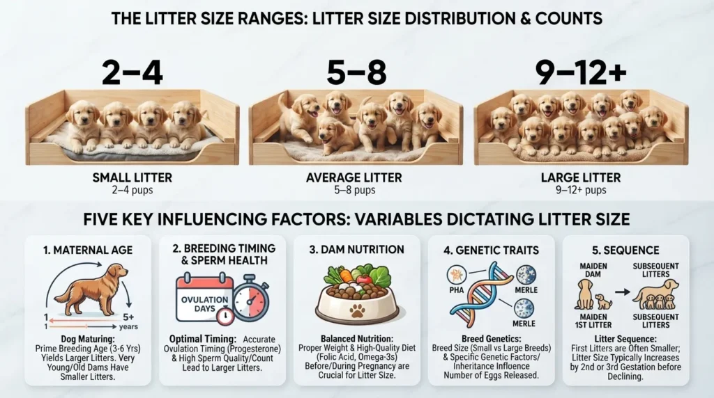 Infographic chart displaying the Australian Shepherd litter size range from small to large, showing key influencing factors like age, nutrition, timing, and genetics.