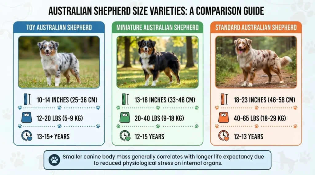 An infographic comparing Toy, Miniature, and Standard Australian Shepherd sizes, including height, weight, and lifespan estimates for each variety.