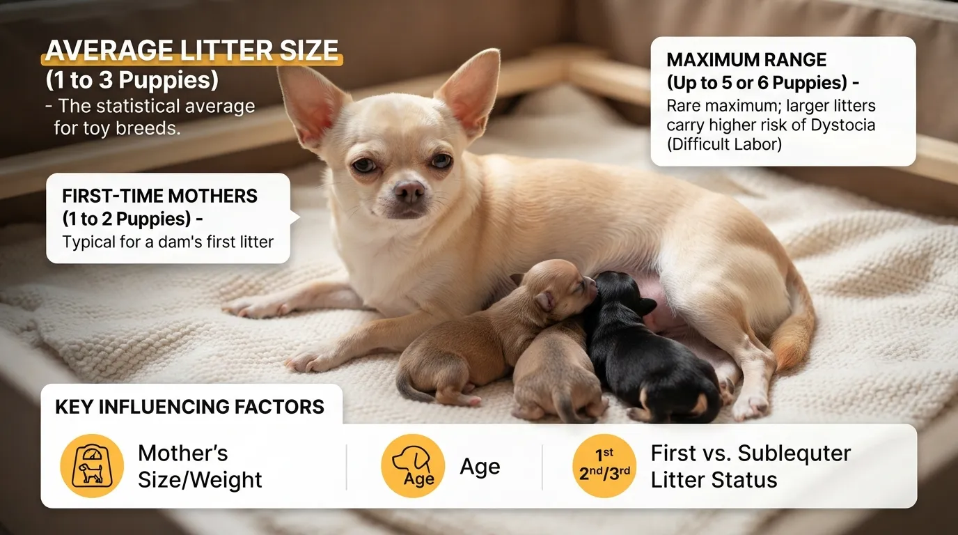 A mother Chihuahua resting in a whelping box with her litter of three newborn puppies nursing on a soft blanket, illustrating average Chihuahua litter size.