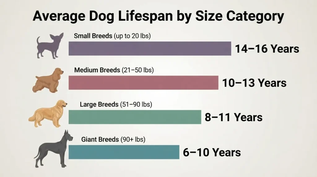 An infographic illustrating average dog lifespans by size category: Small Breeds (14–16 years), Medium Breeds (10–13 years), Large Breeds (8–11 years), and Giant Breeds (6–10 years).