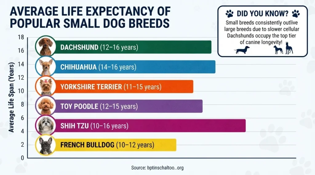 An informative bar chart illustrating the average life expectancy of popular small dog breeds, featuring Dachshunds, Chihuahuas, Yorkshire Terriers, Toy Poodles, Shih Tzus, and French Bulldogs with their respective age ranges.