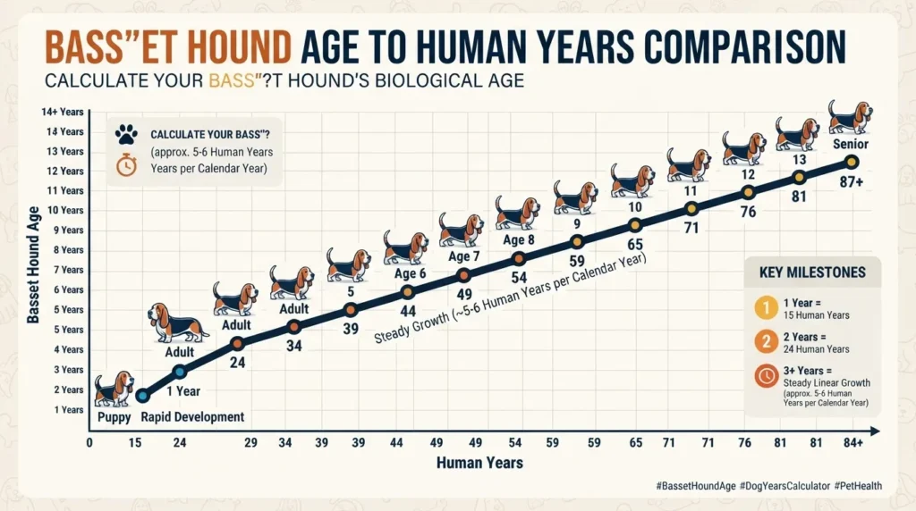 A detailed Basset Hound age to human years comparison infographic chart showing life stages from puppy to senior, created by Dog Ages Calculator.