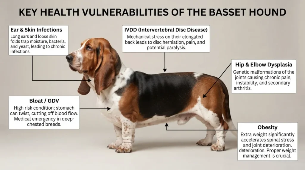 An educational infographic titled 'Key Health Vulnerabilities of the Basset Hound' illustrating common canine health issues including ear infections, IVDD, bloat, hip dysplasia, and obesity.