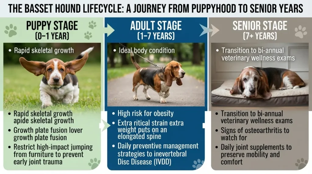 An infographic detailing the Basset Hound lifecycle in three stages: Puppy Stage (0-1 Year), Adult Stage (1-7 Years), and Senior Stage (7+ Years) with health tips for each stage.