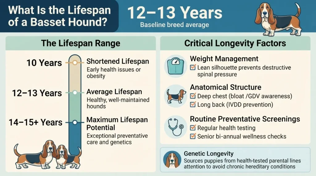 An informative infographic from Dog Ages Calculator detailing the average Basset Hound lifespan of 12-13 years, lifespan ranges from 10 to 15+ years, and key longevity factors like weight management and routine screenings.