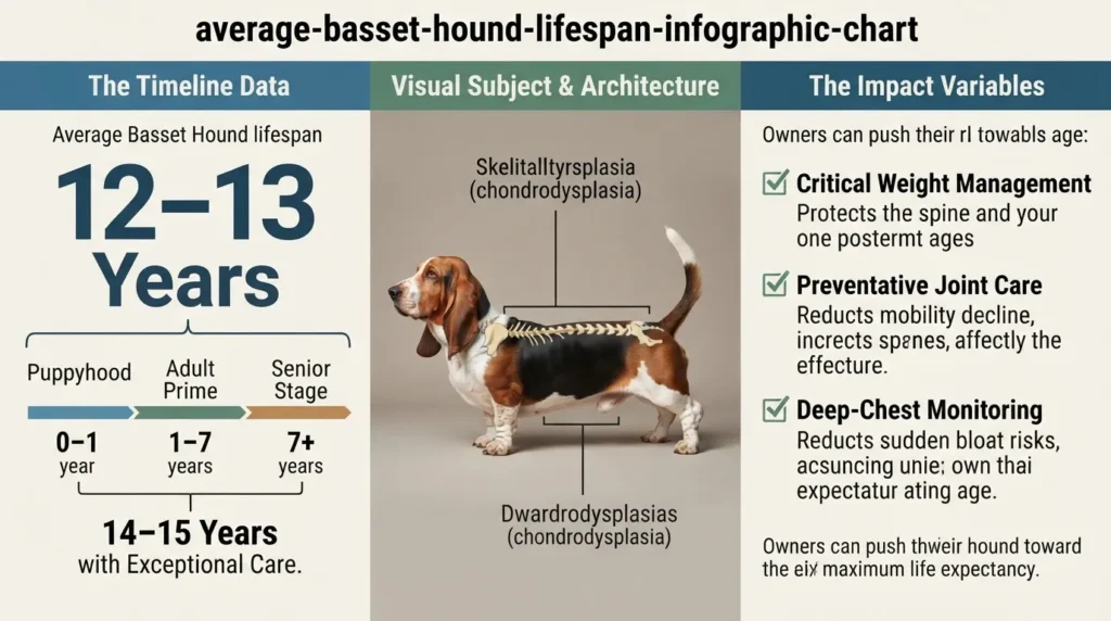 An educational infographic chart showing the average Basset Hound lifespan of 12-13 years, stretching to 14-15 years with exceptional care. It details life stages from puppyhood to senior, visual skeletal features like chondrodysplasia, and impact variables including weight management, joint care, and deep-chest monitoring.