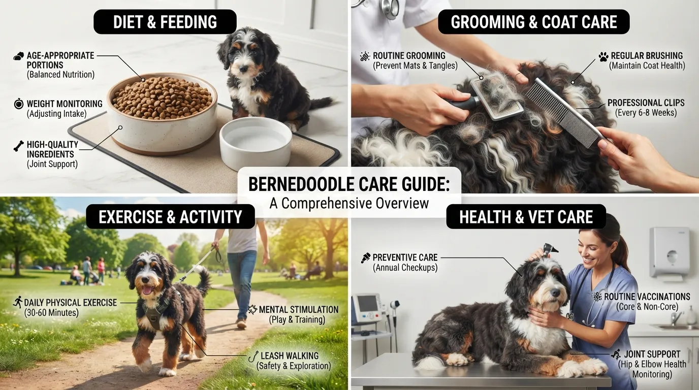 A healthy, well-groomed Bernedoodle resting on a rug beside a bowl of nutritious dog food, grooming tools, and a leash, summarizing essential daily Bernedoodle care.