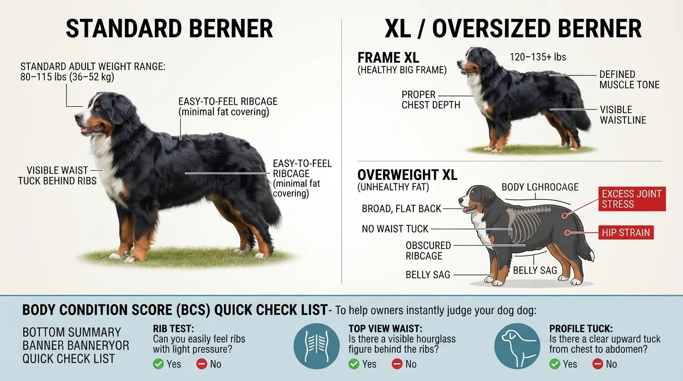 Side-by-side comparison chart illustrating standard Bernese Mountain Dog weights versus oversized XL Berners, showing healthy weight ranges, frame size indicators, and muscle mass versus fat.