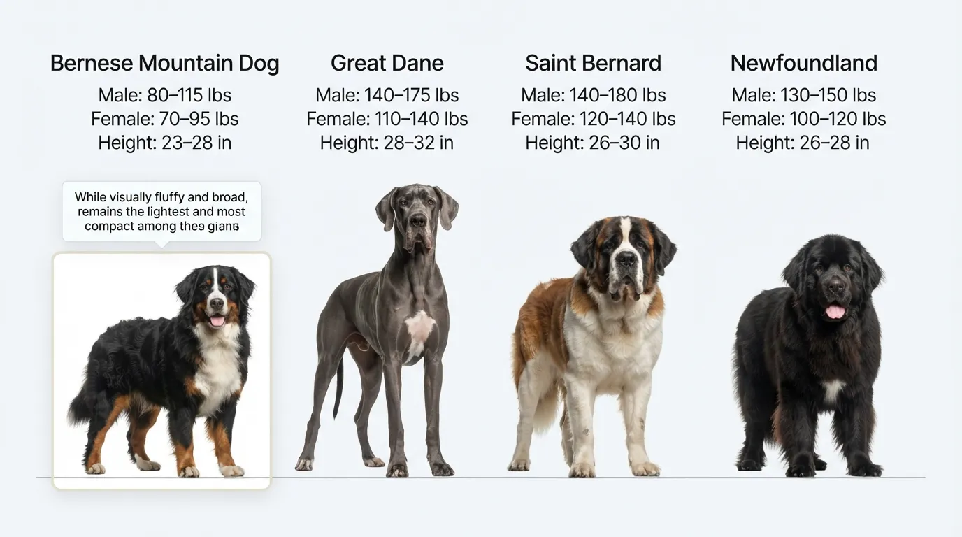 Infographic comparing adult male and female weights of a Bernese Mountain Dog, Great Dane, Saint Bernard, and Newfoundland dog breed side-by-side.