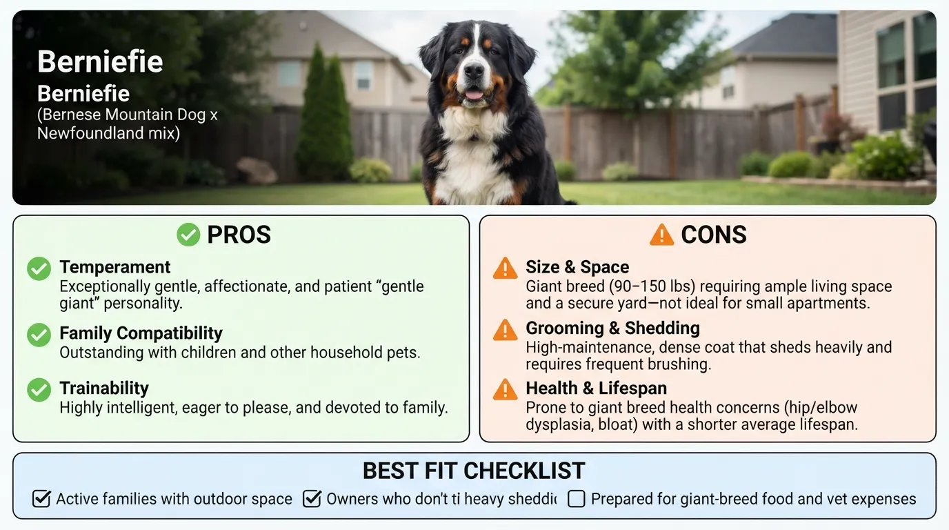 An infographic detailing the pros, cons, and best fit owner traits for a Berniefie dog, shown alongside a large Bernese Mountain Dog and Newfoundland mix.