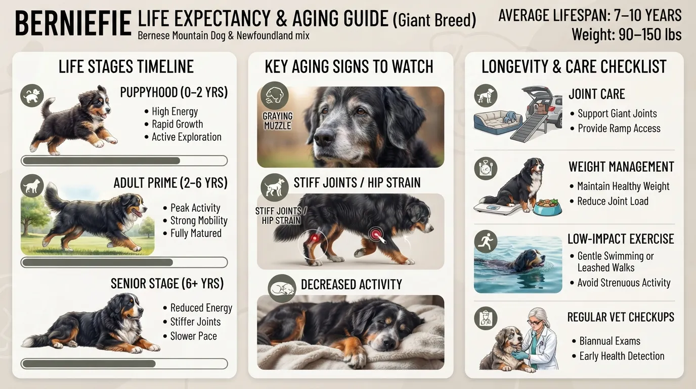 Infographic showing the 7 to 10 year average lifespan of a giant Berniefie dog, highlighting key life stages, aging signs, and health care tips.
