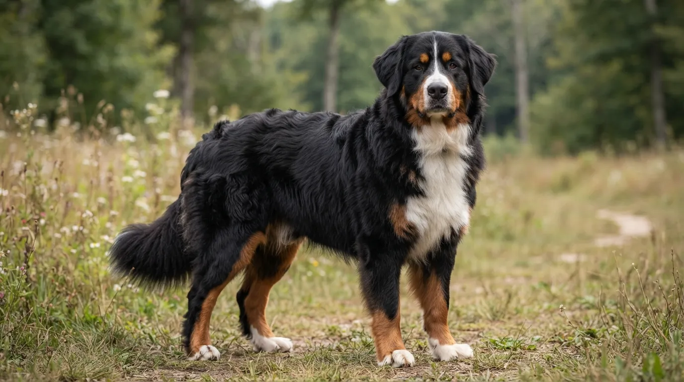 A full-body view of a giant Berniefie dog sitting in a yard, showing its thick double coat, heavy bone structure, broad chest, and flop ears.