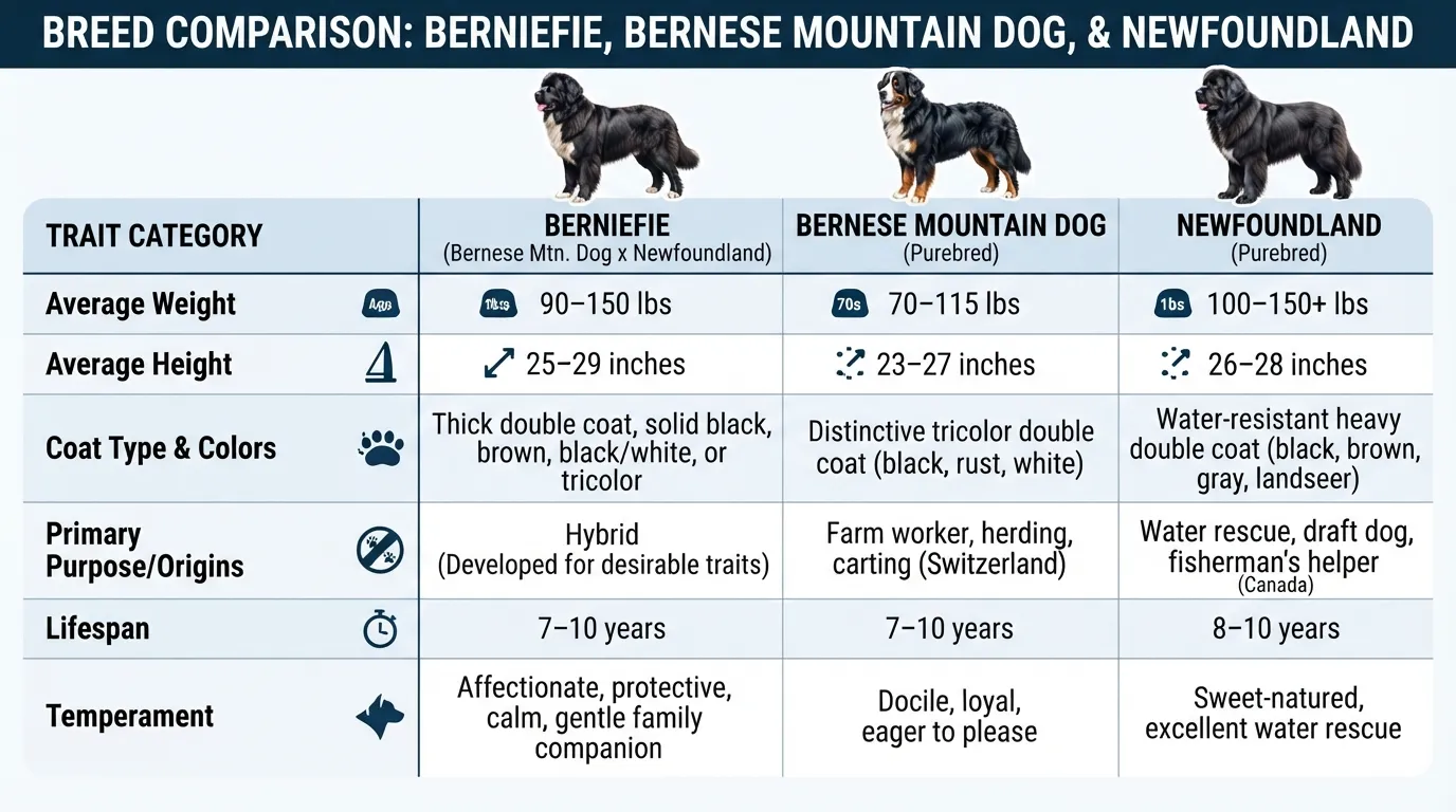 Side-by-side comparison chart showing physical traits, weight, height, lifespan, coat colors, and temperaments of the Berniefie hybrid, Bernese Mountain Dog, and Newfoundland.