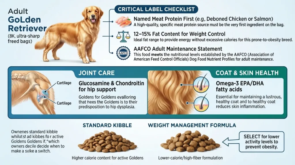 Infographic chart comparing key nutritional requirements for an adult Golden Retriever, including real meat protein, controlled fat levels, and joint supplements like glucosamine.