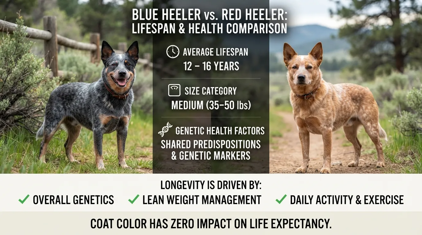 Side-by-side comparison of a Blue Heeler and a Red Heeler showing identical lifespan ranges of 12 to 16 years and shared genetic factors.