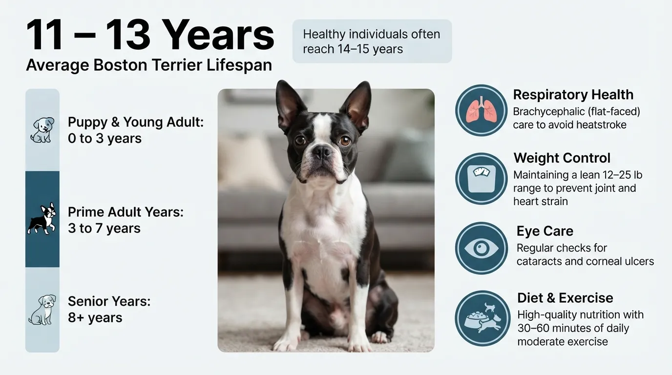 Infographic showing the average lifespan of a Boston Terrier, key life stages, and main health factors affecting longevity.