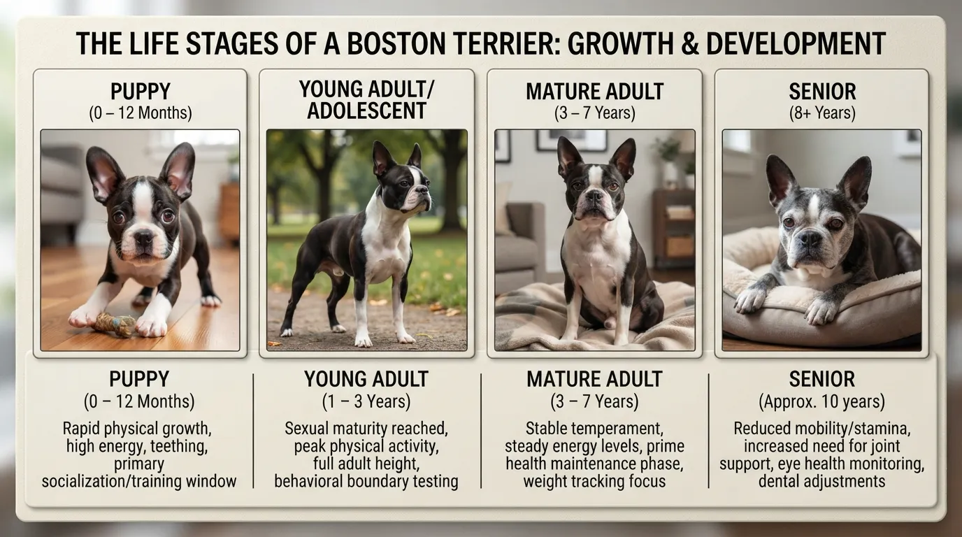 Visual growth guide and timeline diagram outlining the 4 main life stages of a Boston Terrier from puppyhood to senior years.