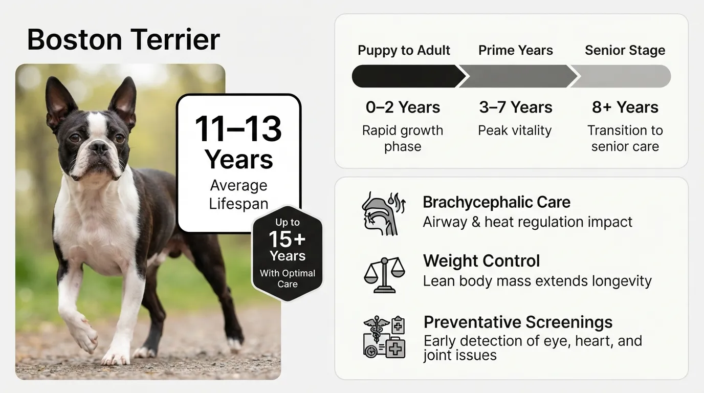 Infographic showing Boston Terrier lifespan statistics, average life expectancy range of 11 to 15 years, key age milestones, and primary health factors.