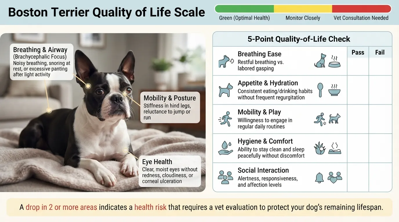 Quality of life check list showing key health metrics, breathing signs, and mobility indicators for a Boston Terrier.