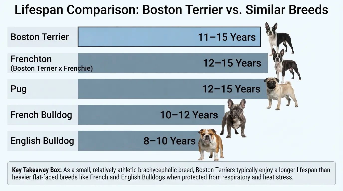Lifespan comparison chart comparing Boston Terriers with similar breeds including French Bulldogs, Pug, English Bulldog, and Frenchton.