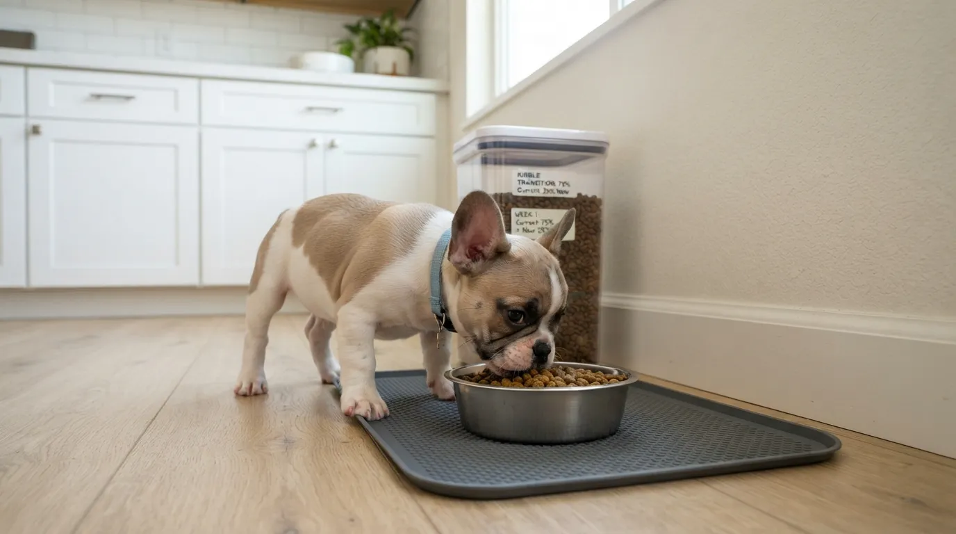 A real fawn French Bulldog puppy eating kibble from a shallow stainless steel bowl on a kitchen floor during its first week home.