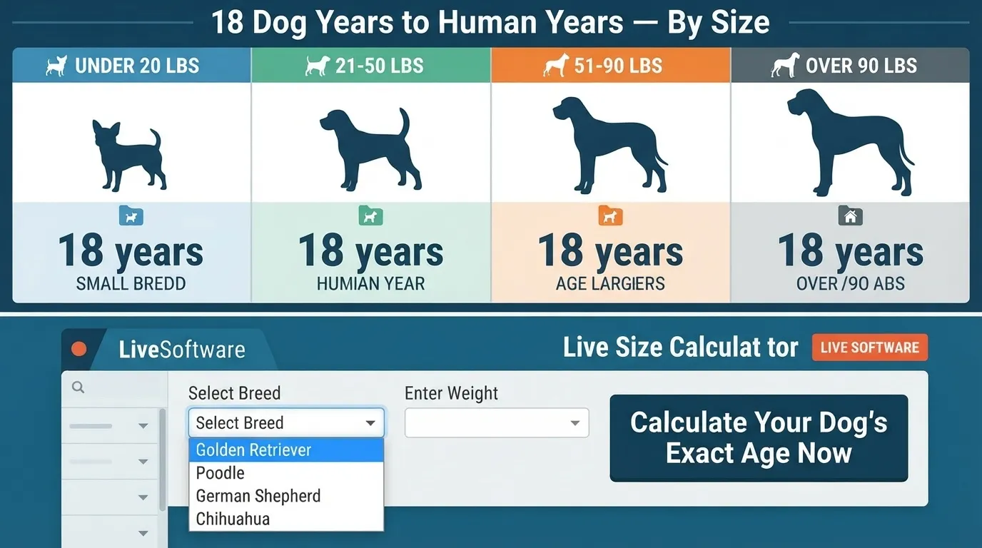 An infographic chart from Dog Ages Calculator showing '18 Dog Years to Human Years - By Size' across four weight categories, alongside a digital Live Size Calculator tool interface.