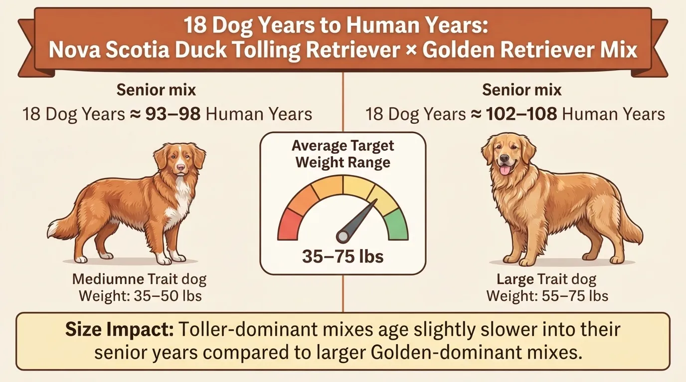 Side-by-side comparison chart showing how 18 dog years translates to human years for a Nova Scotia Duck Tolling Retriever Golden Retriever mix based on its weight and size.