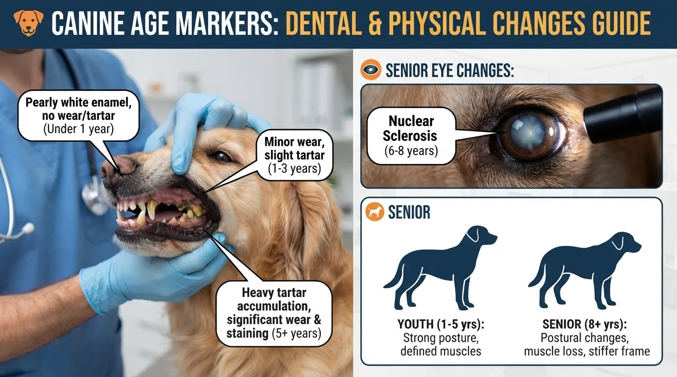 An educational infographic titled 'Canine Age Markers: Dental & Physical Changes Guide' detailing dental wear, nuclear sclerosis eye changes, and posture shifts in senior dogs.