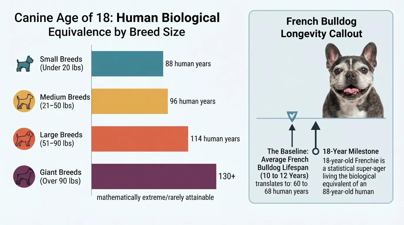 An infographic by dogagescalculator illustrating canine biological age equivalence at 18 dog years across small, medium, large, and giant breed sizes, featuring a longevity spotlight on French Bulldogs.