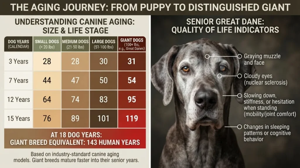 An infographic by dogagescalculator titled 'The Aging Journey: From Puppy to Distinguished Giant' featuring a comparative table of dog years to human years for small, medium, large, and giant breeds, alongside quality of life indicators on a senior Great Dane.