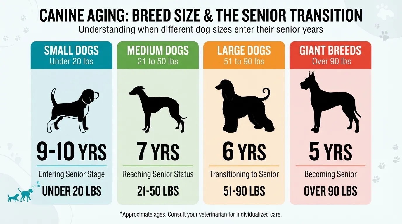 An infographic titled 'Canine Aging: Breed Size & The Senior Transition' showing when dogs enter senior status: small dogs under 20 lbs at 9-10 years, medium dogs 21-50 lbs at 7 years, large dogs 51-90 lbs at 6 years, and giant breeds over 90 lbs at 5 years.