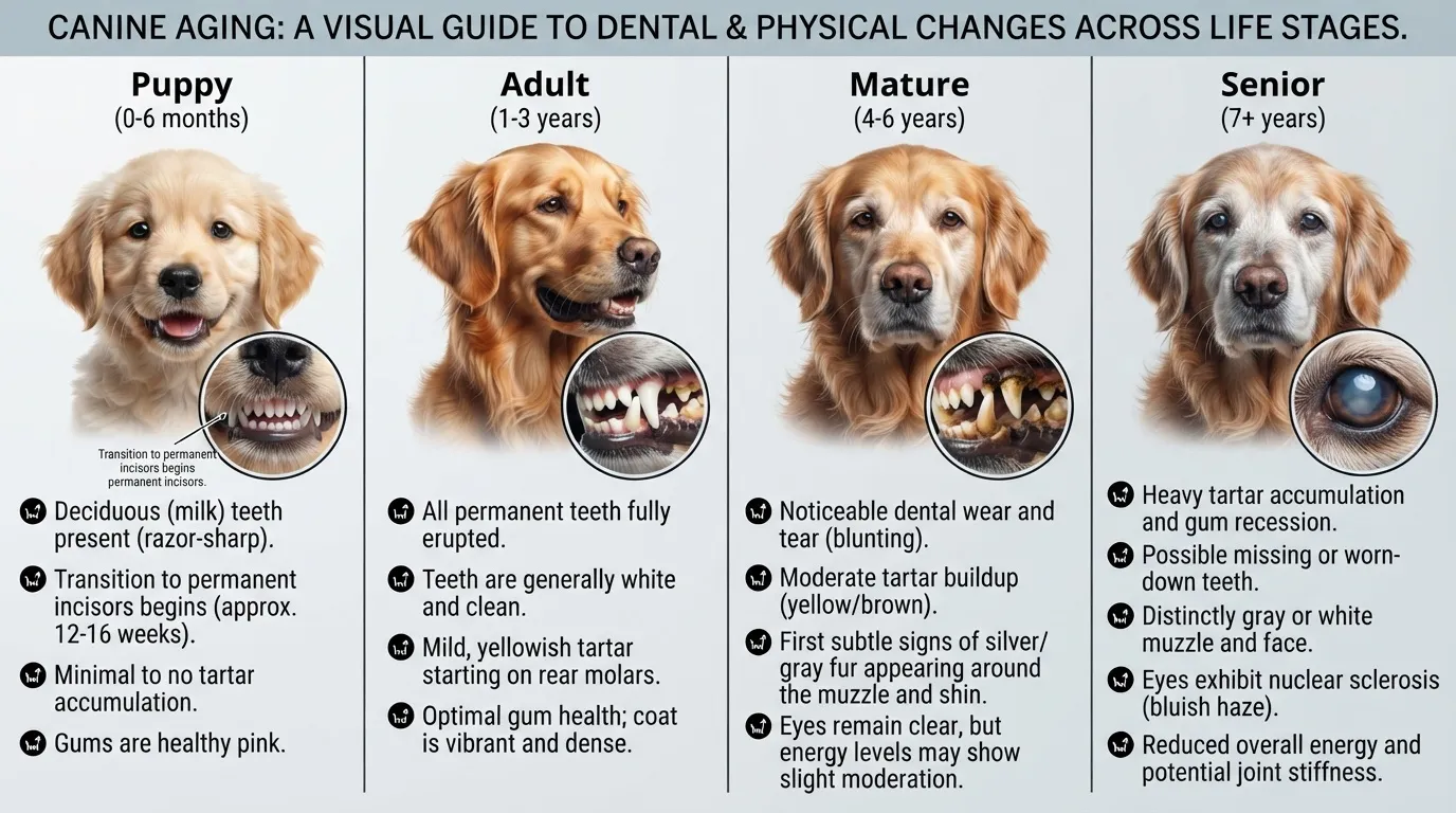An educational infographic titled 'Canine Aging: A Visual Guide to Dental & Physical Changes Across Life Stages' detailing puppy, adult, mature, and senior phases of a Golden Retriever with zoomed-in dental and eye details.
