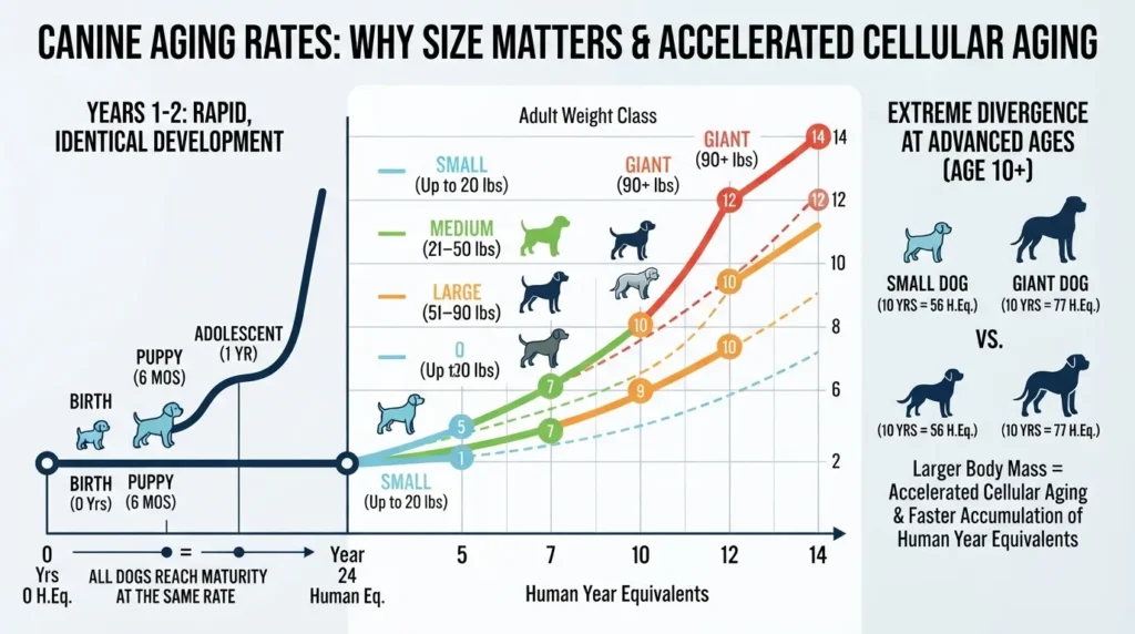 An informative infographic from dogagescalculator comparing canine aging rates and human year equivalents across different dog size categories like small, medium, large, and giant breeds.