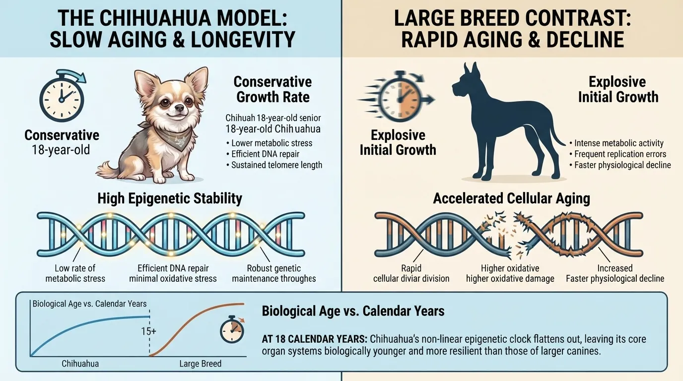 Infographic comparing the Chihuahua's slow aging model with the rapid biological decline of large dog breeds, illustrating genetic stability vs accelerated cellular aging.
