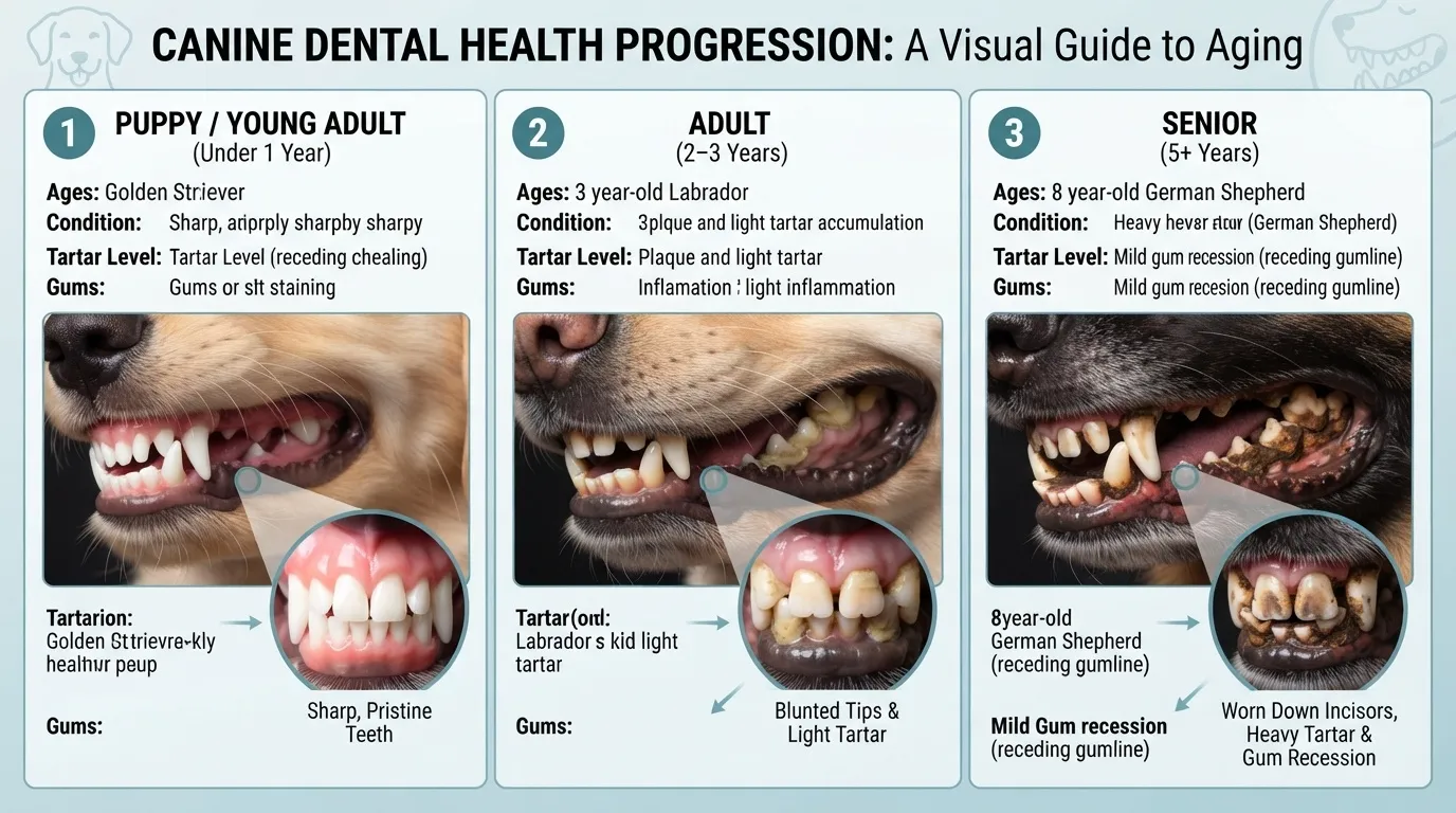 An educational infographic titled 'Canine Dental Health Progression: A Visual Guide to Aging' displaying three stages of a dog's teeth: Puppy/Young Adult with pristine teeth, Adult with light tartar, and Senior with heavy tartar and gum recession.