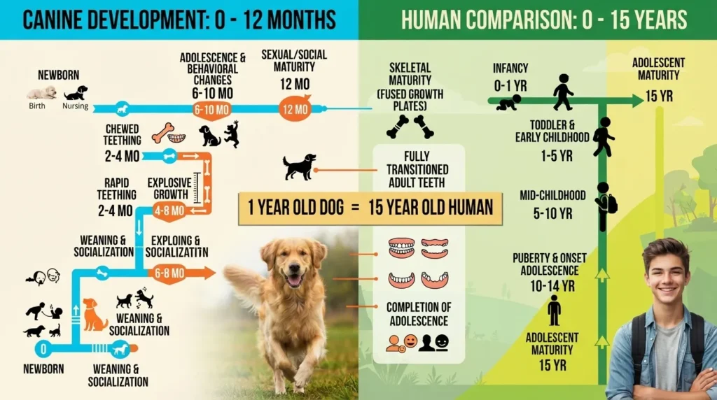 An educational infographic comparing canine development from 0 to 12 months with human aging from 0 to 15 years, explaining that a 1-year-old dog is developmentally equivalent to a 15-year-old human.