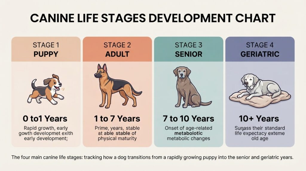 An infographic chart displaying the four main canine life stages: Stage 1 Puppy (0 to 1 years), Stage 2 Adult (1 to 7 years), Stage 3 Senior (7 to 10 years), and Stage 4 Geriatric (10+ years), each illustrated with a different dog breed.