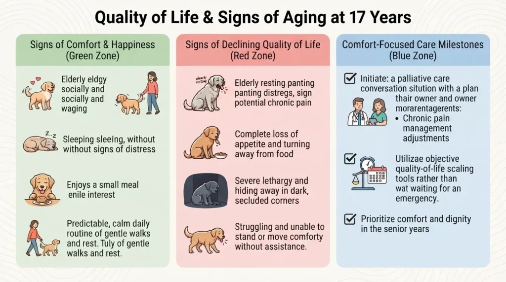 An educational infographic from dogagescalculator detailing signs of comfort, signs of declining quality of life, and care milestones for a 17-year-old senior dog.