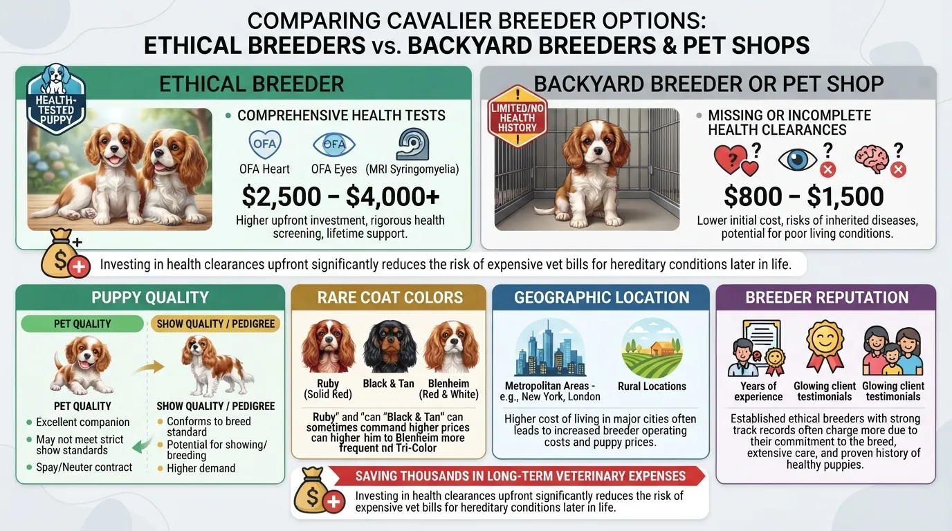 Infographic breakdown explaining why Cavalier King Charles Spaniel puppy prices vary, comparing pet-quality vs show-quality costs, breeder health testing, coat colors, and location.