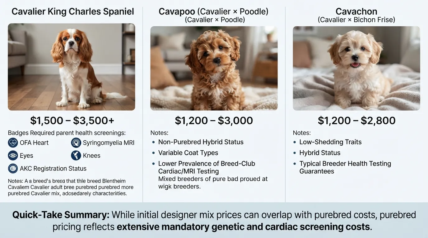 Comparison graphic showing the average puppy prices, health screening requirements, and key physical differences between a purebred Cavalier King Charles Spaniel, a Cavapoo, and a Cavachon.