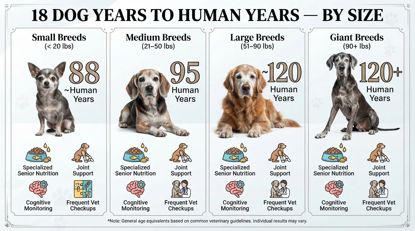 Chart comparing 18 dog years to human years across small, medium, large, and giant dog breeds.