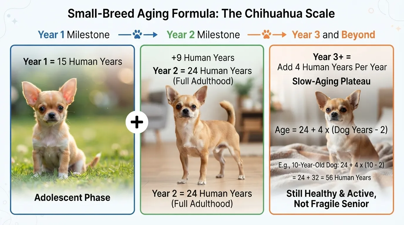 An informative infographic detailing the Small-Breed Aging Formula, also known as The Chihuahua Scale, illustrating how small dogs age in human years from adolescence to senior stages.